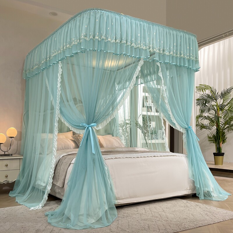 2023新款导轨蚊帐高级家用卧室U型轨道可伸缩加厚落地三开门公主