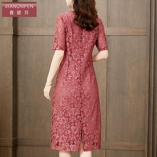 香妮芬气质复古显瘦中年妈妈连衣裙2025新款夏季蕾丝质感休闲裙子