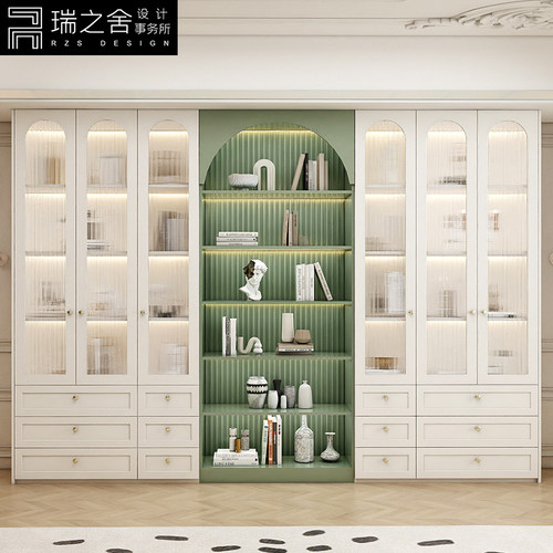 书柜一体整墙美式玻璃门展示柜家用客厅实木书橱到顶防尘书架组合
