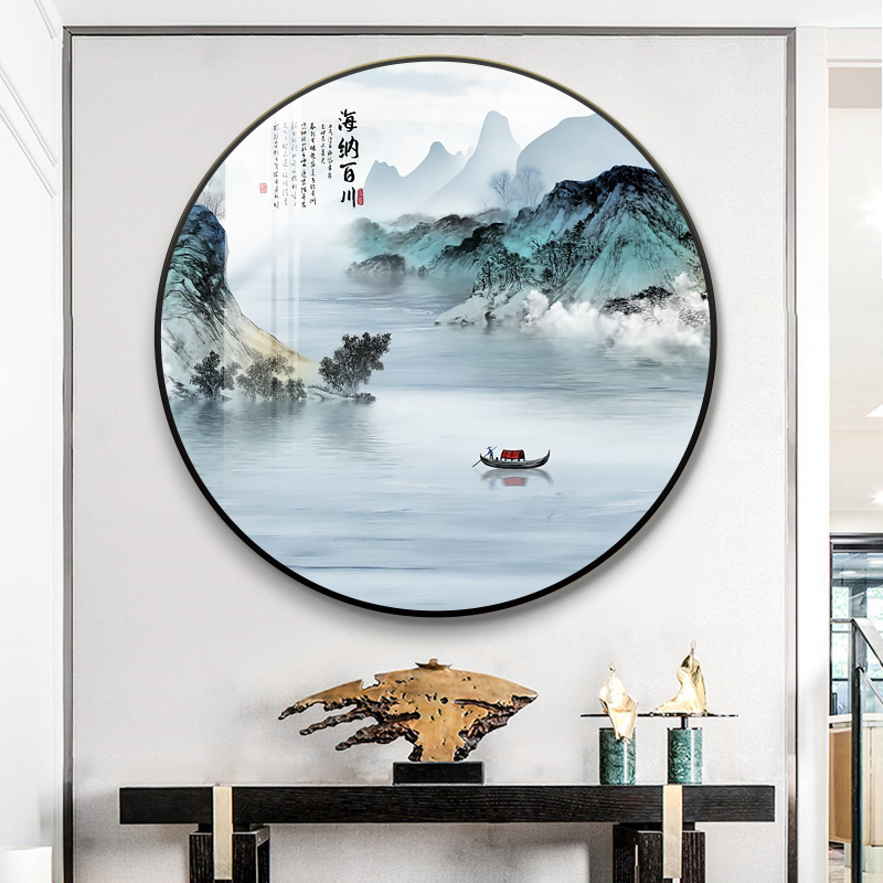 发财树一帆风顺玄关装饰画客厅沙发背景墙圆形中国风山水晶瓷挂画图片