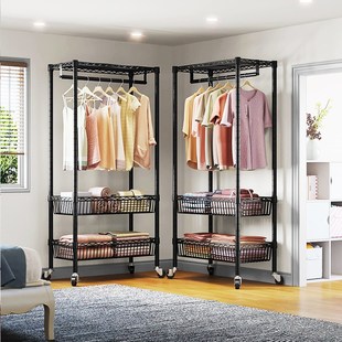 新款卧室衣服储物架网红女生房间学生宿舍挂衣服的架子带网篮衣橱