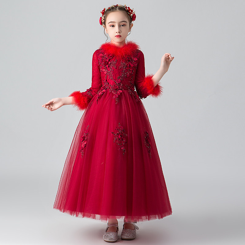 儿童礼服公主裙秋冬加绒主持人生日2021新款女童长袖蓬蓬表演长裙