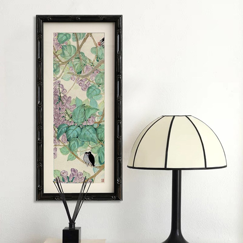 《紫藤恋语》中古风绿色花鸟风景竖版挂画实木画框玄关边柜装饰画
