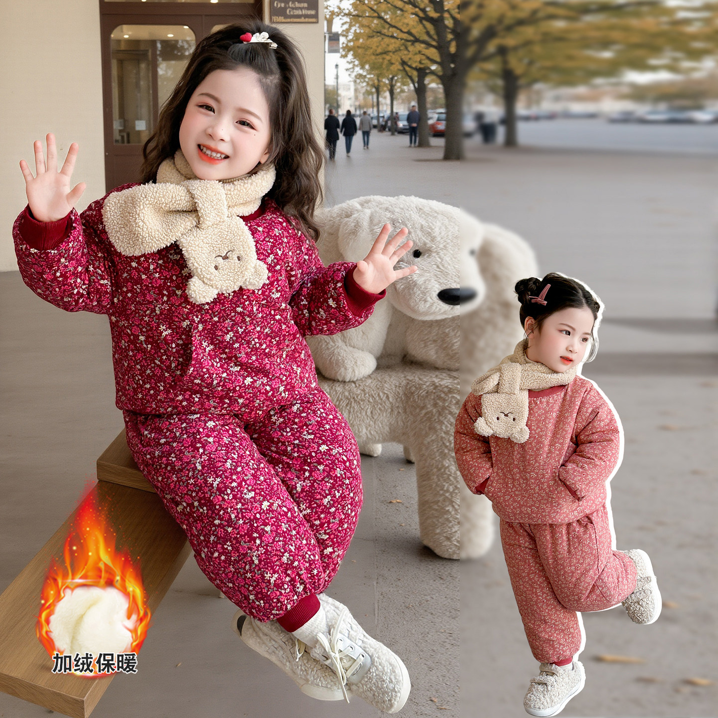 女童东北花棉袄套装2025新款宝宝冬季过年穿三层加厚加绒棉衣外套