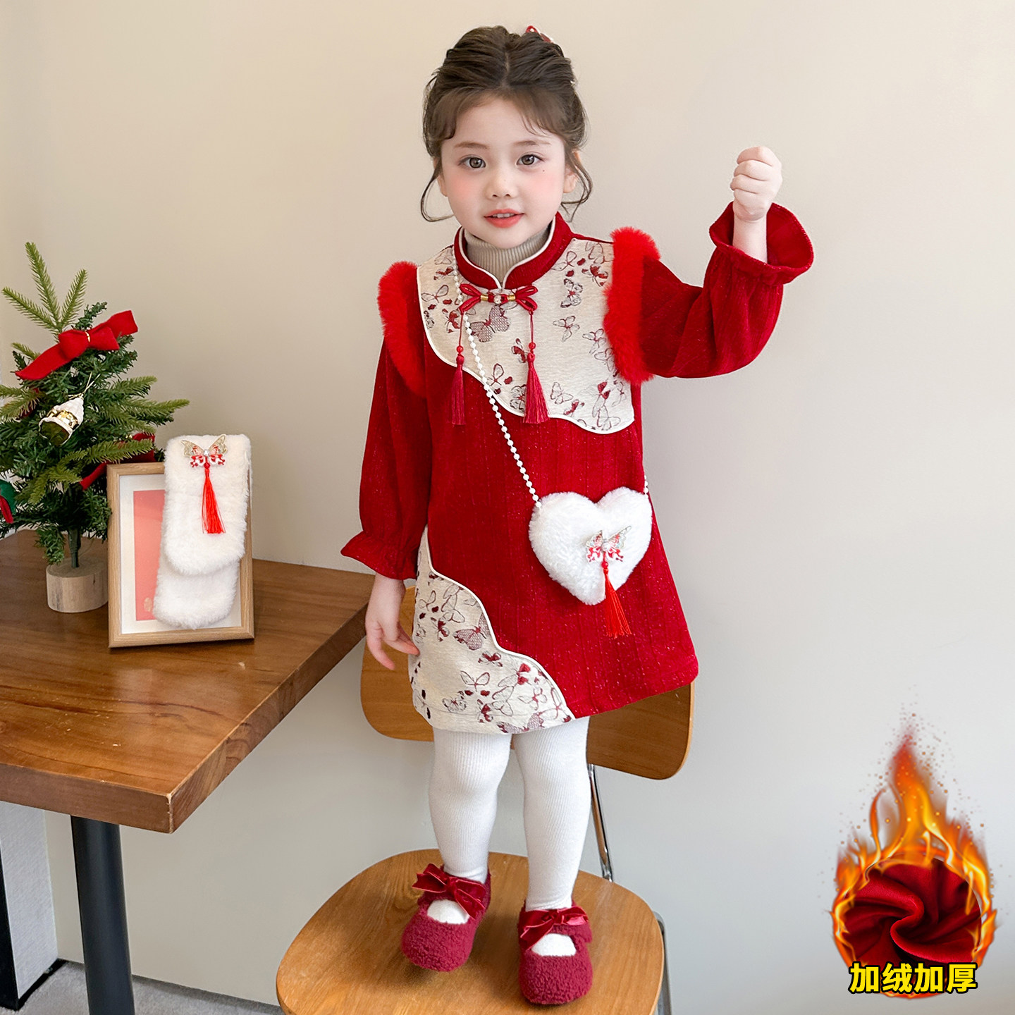 女童年服裙子2025新款加绒保暖儿童过年连衣裙宝宝红色拜年服周宴