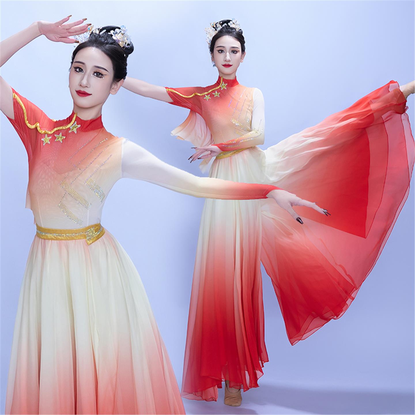 现代舞蹈服女飘逸红歌颂我