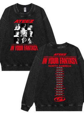 新款水洗做旧ATEEZ巡回演唱会周边组合螺纹水洗圆领卫衣上衣现货
