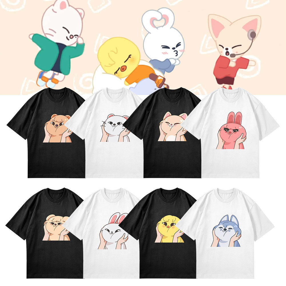 stray kids可爱卡通印花上衣 手托腮Q版趣味skzoo秋冬棉t打底短袖