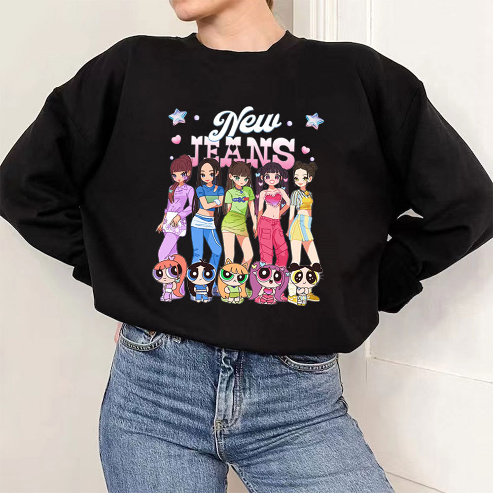 new jen牛仔兔子女团卡通插画女警印花卫衣 圆领长袖应援打歌服NJ