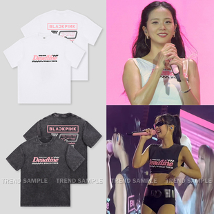 BLACKPINK演唱会周边JENNIE同款水洗t恤复古宽松印花露脐短袖上衣
