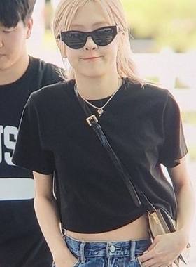 rose朴彩英明星同款夏季韩版小众设计感短款宽松短袖T恤上衣女