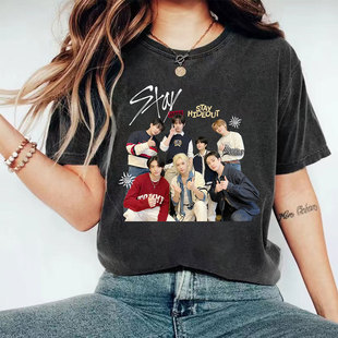 hideout复古海报高街T恤 stay 流浪小孩stray kids新单曲水洗短袖