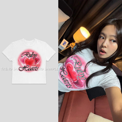 JENNIE金珍妮Haribo周边同款印花短袖T恤女修身短款打底衫上衣潮