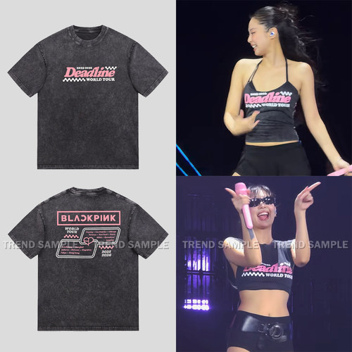 BLACKPINK周边DEADLINE演唱会同款做旧t恤复古宽松印花短袖上衣