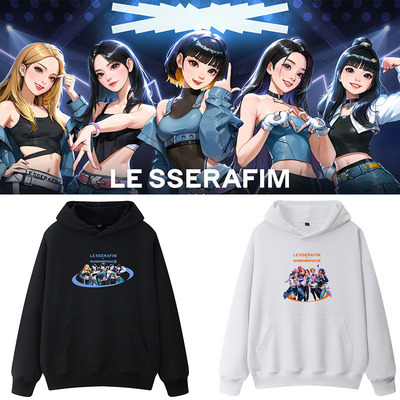 LESSERAFIM金采源宫胁咲良同款卡通印花外套春秋冬加绒连帽衫卫衣