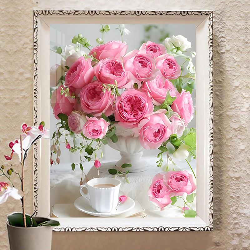 花卉钻石画2025新款玫瑰花瓶现代简约手工5d点贴钻十字绣餐厅满钻