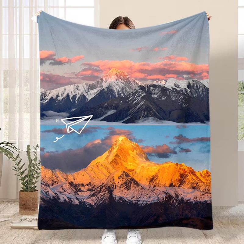 日照金山法兰绒毛毯图案定制logo办公室空调毯披肩毯沙发毯午睡毯