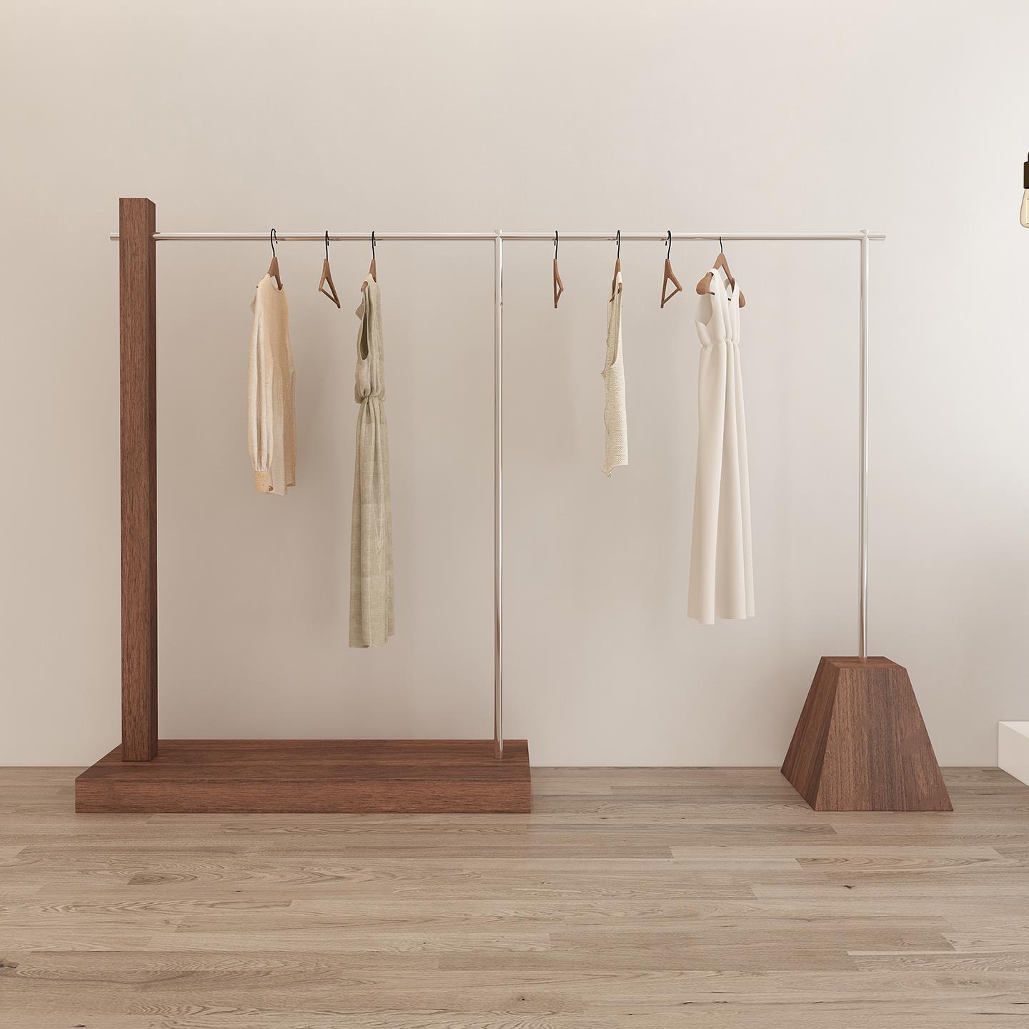 2025新款服装店不锈钢仿木纹胡桃色展示落地挂衣架网红女装陈列架