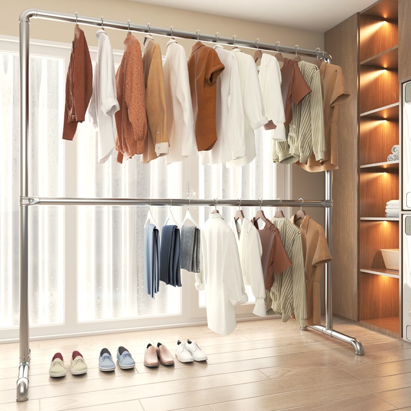 双层款钢管落地晾衣架室内阳台户外防风挂衣架家用水管晒衣服架子