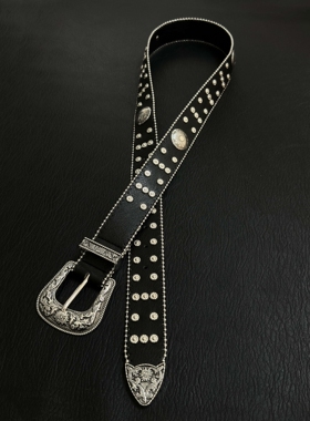 SoulMates西部黑色花朵铆钉腰带中古质感vintage男女百搭小众皮带