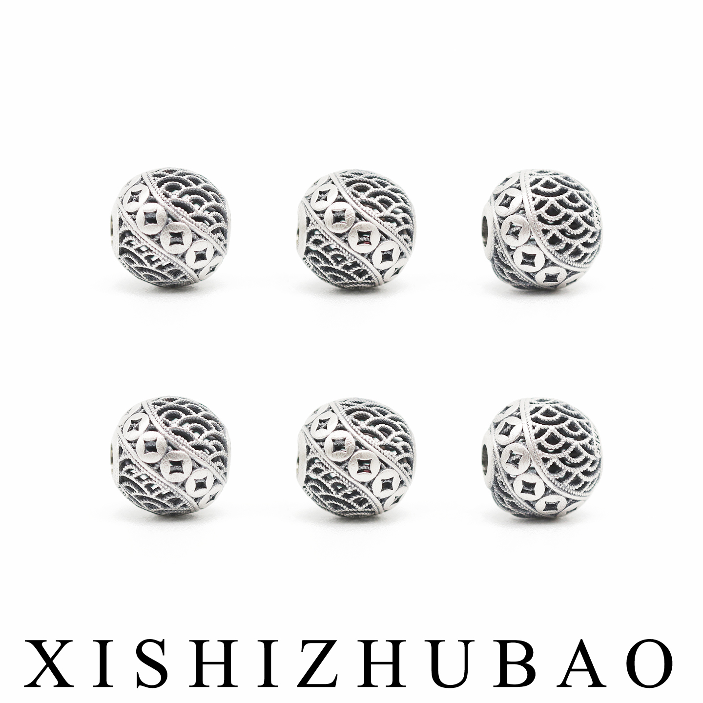 S999纯银复古镂空龙鳞纹铜钱圆珠