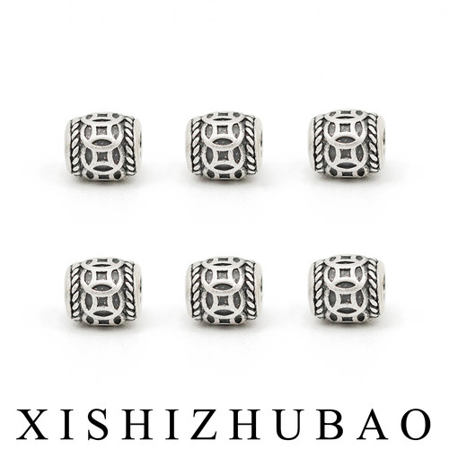 S999纯银复古迷你麻花边铜钱桶珠