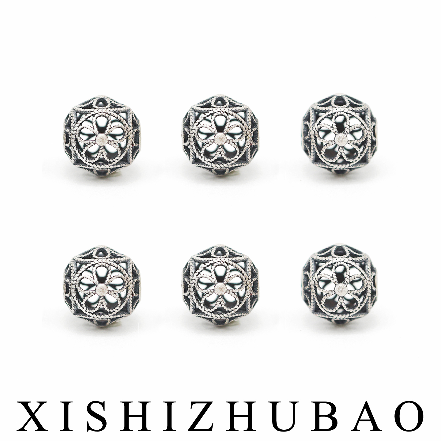 S999纯银复古掐丝四面小花圆珠