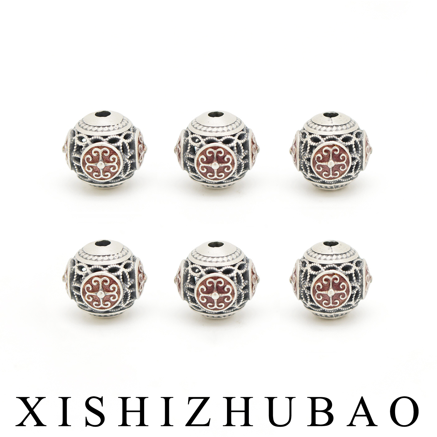 S999纯银烧蓝如意回型花纹圆珠