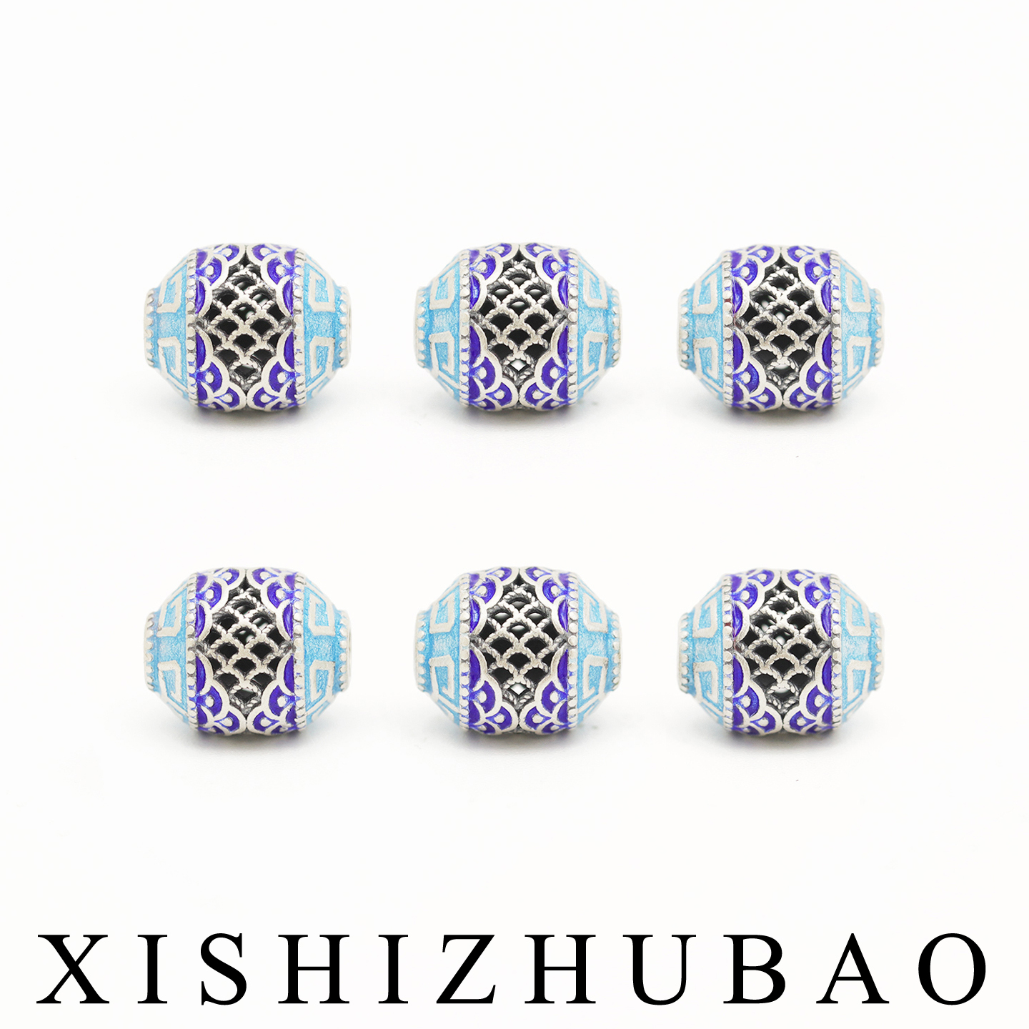 S999纯银烧蓝复古镂空龙鳞纹桶珠