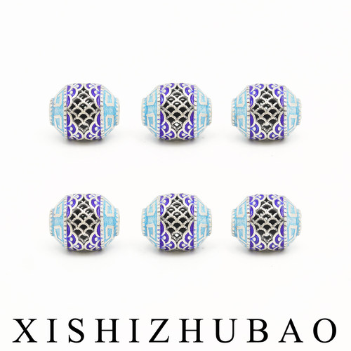 S999纯银烧蓝复古镂空龙鳞纹桶珠