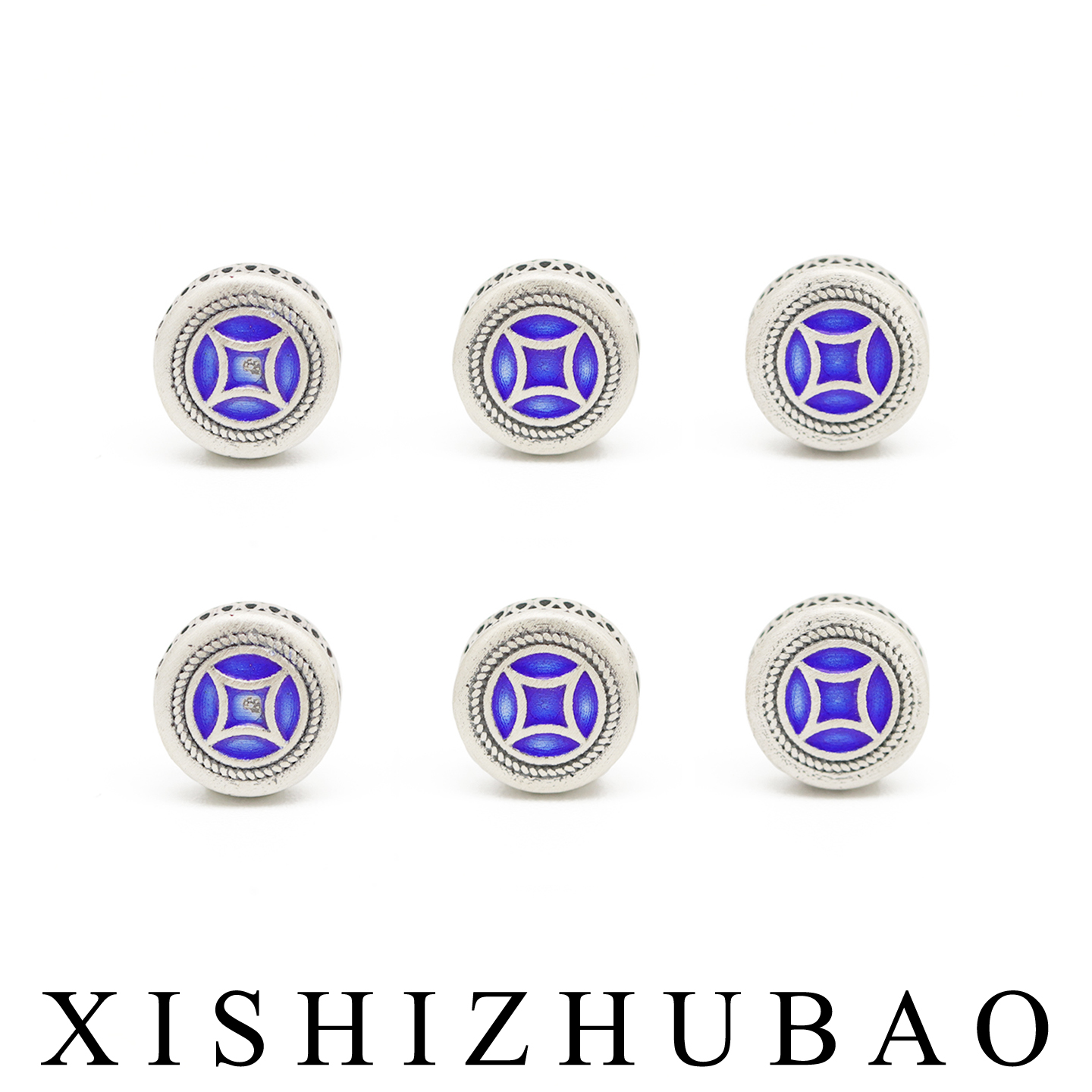 S999纯银烧蓝复古铜钱圆扁珠