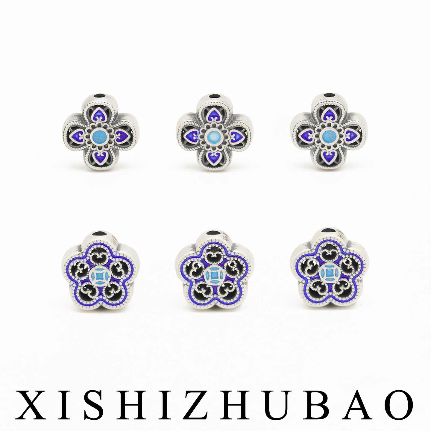 S999纯银烧蓝复古如意小花背云