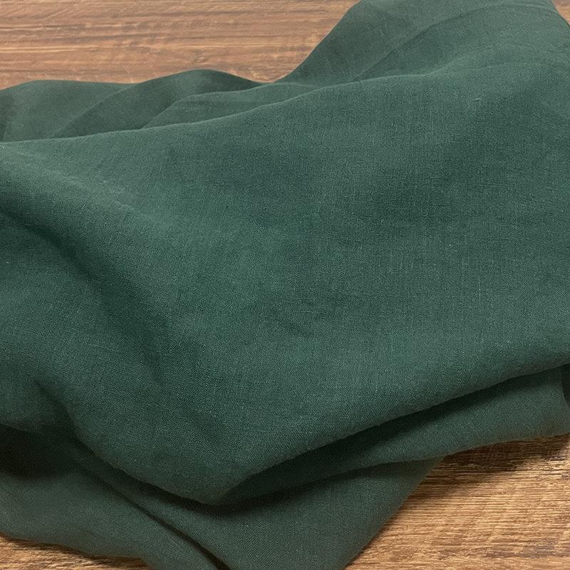 肌理工艺纯亚麻复古墨绿色裤子袍子外套西服连衣裙面料砂洗做旧布