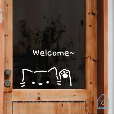 welcome猫咪玻璃门贴纸 咖啡服装宠物店橱窗门头装饰可爱防撞贴纸