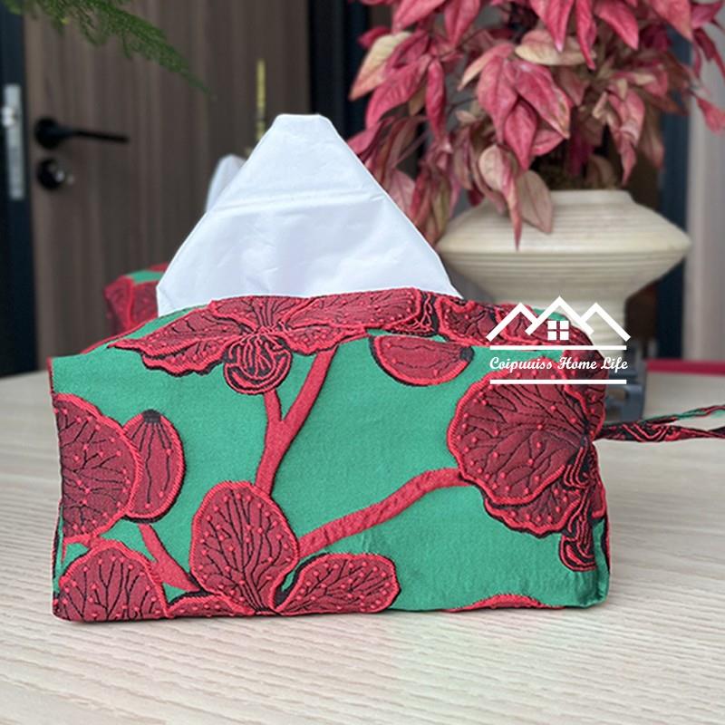 原创纸巾盒复古绿色中国红提花帆布车载纸巾盒便携挂绳布艺收纳袋