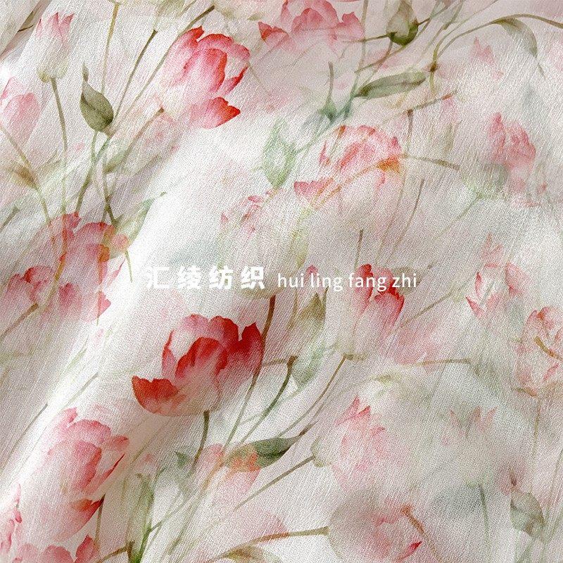 花色天丝雪纺纱布料朦胧郁金香印花夏季半透薄衬衫连衣裙汉服面料