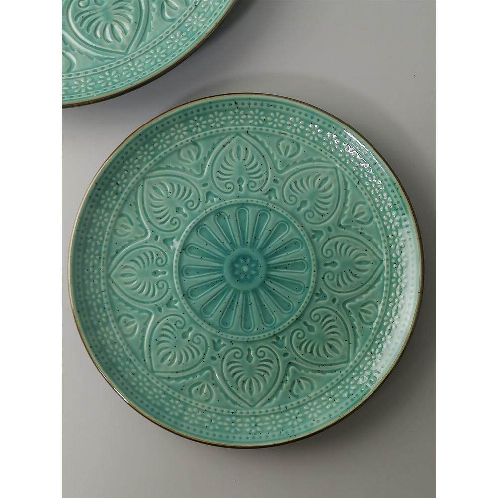 东南亚风餐具陶瓷盘子菜盘立体浮雕盘圆形西餐盘家用平盘摆盘微瑕