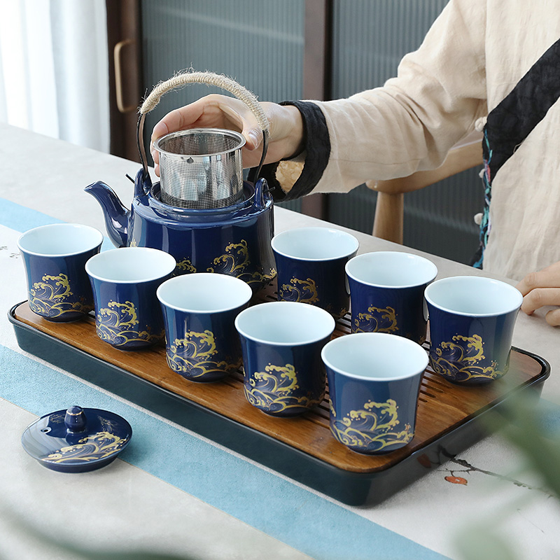 偲逸家用功夫茶具套装描金提梁壶一壶八杯不锈钢过滤内胆茶壶茶道