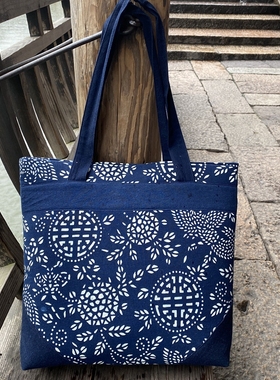 乌镇蓝印花布女士背包挎包手拎包蜡染大方包时尚手工休闲布艺包