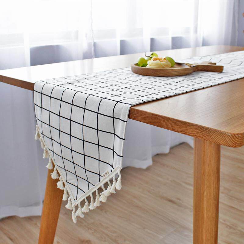 栗茧北欧格子桌旗双层尖头流苏茶几旗棉麻风纯色床旗复古田园布艺