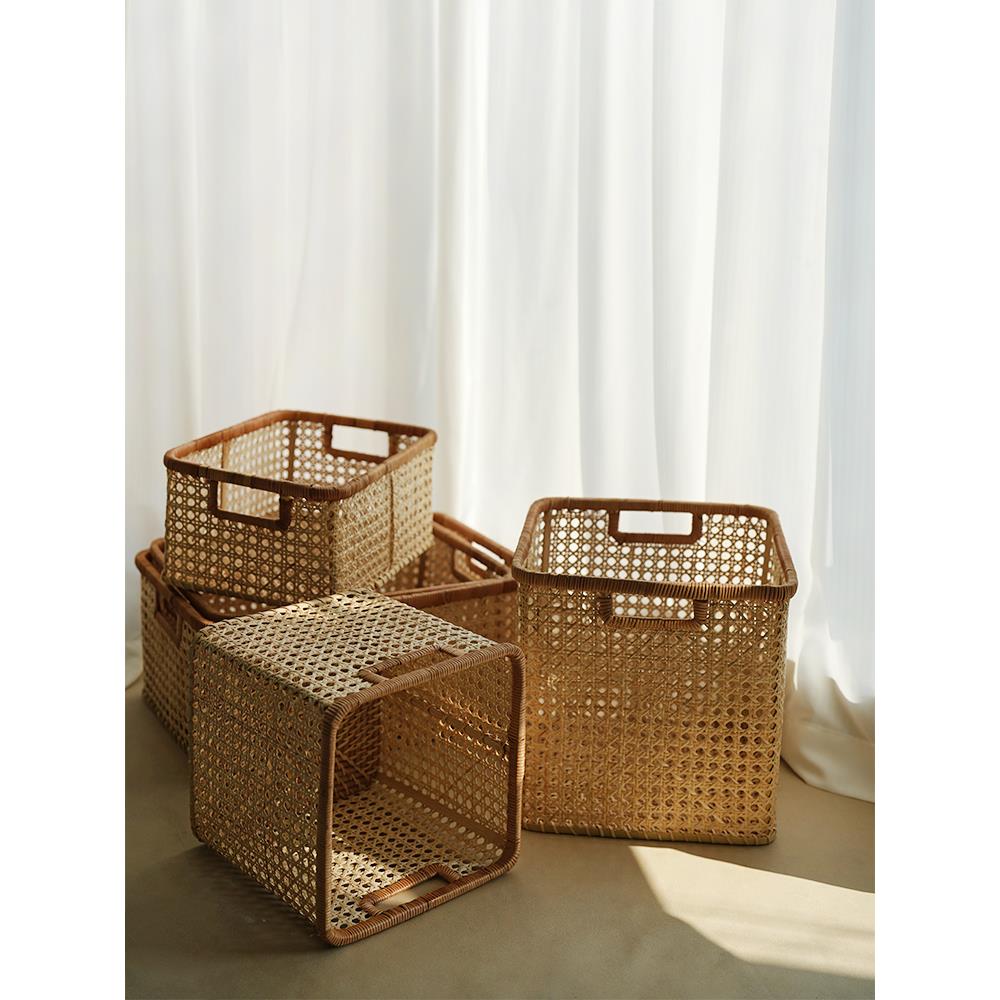 中式做旧藤编风收纳篮桌面化妆品盒手工编织篮零食筐杂物储物箱