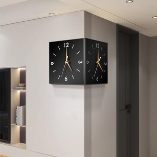 现代简约客厅发光双面转角钟表家用免打孔创意时钟壁灯画拐角钟表
