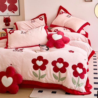 婚庆四件大花贴布喜字刺绣红色结婚陪嫁被床单床笠