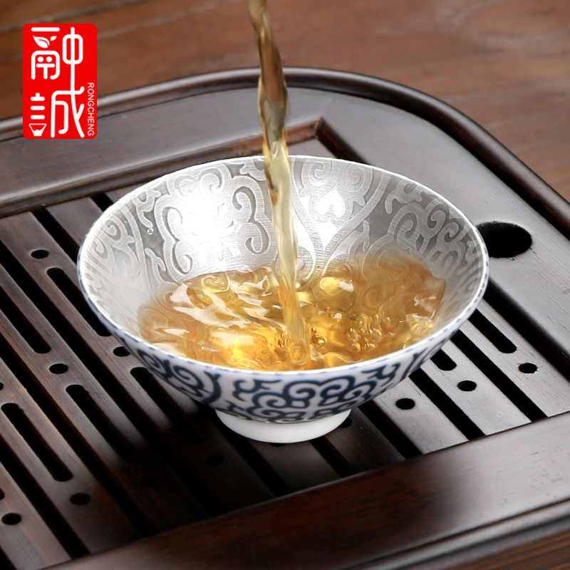 功夫茶杯陶瓷单个品茗杯青花小茶碗鎏银主人杯茶具个人斗笠杯