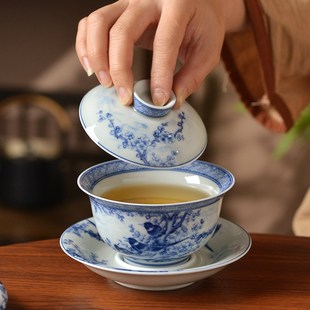 大号 景德镇青花花鸟三才盖碗不烫手泡茶碗家用陶瓷功夫茶杯套装