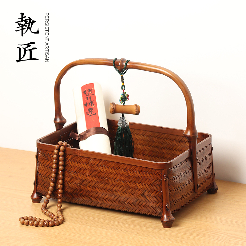 手工竹编大漆筇竹提拿收纳筐茶具收纳首饰整理盒提篮桌面家用复古