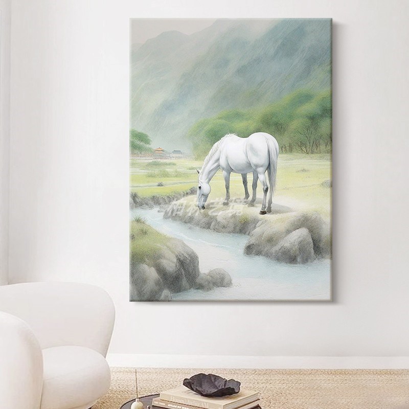 白色骏马手绘油画客厅山清水秀装饰壁画入户玄关抽象乡村风景挂画图片