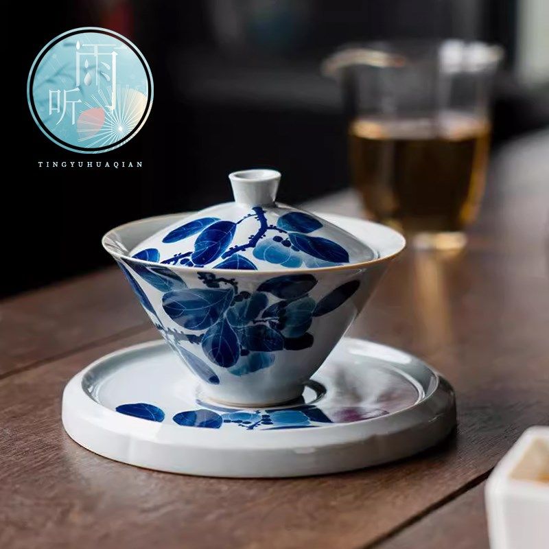 纯手绘柿子复古青三才盖碗茶杯家用单个陶瓷泡茶碗带盖子功夫茶具