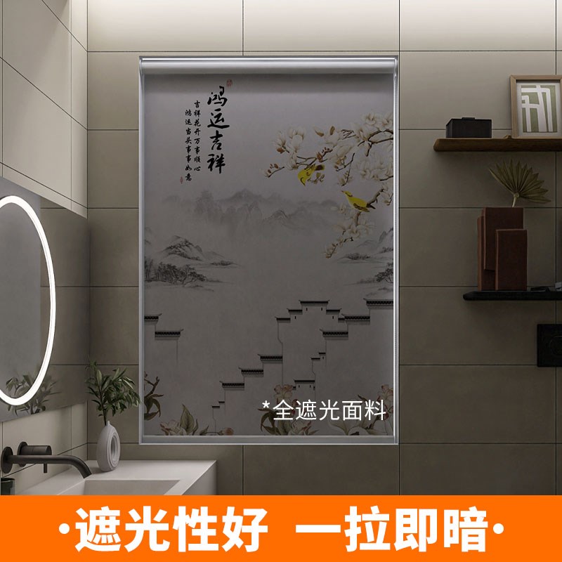 卫生间窗帘遮光2024新款免打孔伸缩杆一整套卷拉式厨房遮阳画卷帘