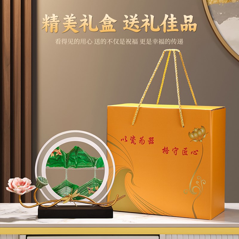 海贝海新中式客厅玄关荷花流沙画摆件轻奢酒柜办公室沙漏装饰礼品图片